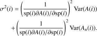$\sigma^2(i)=\left(\frac{1}{{\rm sp} (i) \partial A(i) / \partial {\rm sp} (i)}\right)^2 {\rm Var}(A(i))\\ +\left(\frac{1}{{\rm sp} (i) \partial A(i) / \partial {\rm sp} (i)}\right)^2 {\rm Var}(A_n(i)).$