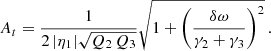 $$ \begin{aligned} A_t = \dfrac{1}{2\,|\eta _1 |\sqrt{Q_2\,Q_3}}\sqrt{1 + \left(\dfrac{\delta \omega }{\gamma _2 + \gamma _3}\right)^2}\,. \end{aligned} $$