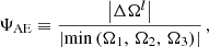 $$ \begin{aligned} \Psi _{\rm AE} \equiv \dfrac{\left|\Delta \Omega ^l\right|}{\left|\min \left(\Omega _1,\, \Omega _2,\, \Omega _3\right)\right|}\,, \end{aligned} $$