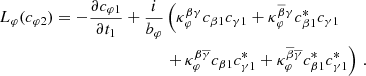 $$ \begin{aligned} \begin{aligned} L_\varphi (c_{\varphi 2}) = - \frac{\partial c_{\varphi 1}}{\partial t_1} + \dfrac{i}{b_\varphi }&\left(\kappa _{\varphi }^{\beta \gamma } c_{\beta 1} c_{\gamma 1} + \kappa _{\varphi }^{\overline{\beta }\gamma } c_{\beta 1}^* c_{\gamma 1} \right.\\&\left.+\, \kappa _{\varphi }^{\beta \overline{\gamma }} c_{\beta 1} c_{\gamma 1}^* + \kappa _{\varphi }^{\overline{\beta }\overline{\gamma }} c_{\beta 1}^* c_{\gamma 1}^*\right)\,. \end{aligned} \end{aligned} $$