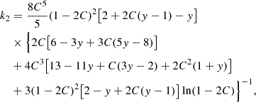 $$ \begin{aligned} k_2&= \frac{8C^5}{5}(1-2C)^2\big [2+2C({ y}-1)-{ y}\big ]\nonumber \\&\times \Big \{2C\big [6-3{ y}+3C(5{ y}-8)\big ] \nonumber \\&+ 4C^3\big [13-11{ y}+C(3{ y}-2)+2C^2(1+{ y})\big ] \nonumber \\&+ 3(1-2C)^2\big [2-{ y}+2C({ y}-1)\big ] \ln (1-2C) \Big \}^{-1} , \end{aligned} $$