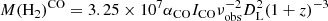 $$ \begin{aligned} M(\mathrm{H}_2)^\mathrm{CO}=3.25\times 10^7\alpha _{\rm CO} I_{\rm CO} \nu _{\rm obs}^{-2}D_{\rm L}^2(1+z)^{-3} \end{aligned} $$