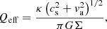 $$ \begin{aligned} Q_{\rm eff} = \frac{\kappa \left(c_{\rm s}^{2} + v_{\rm a}^2 \right)^{1/2}}{\pi G \Sigma }, \end{aligned} $$