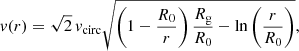 $$ \begin{aligned}&v(r) = \sqrt{2}\, v_{\rm circ}\sqrt{\left(1-\frac{R_0}{r}\right)\frac{R_{\rm g}}{R_0}-\ln \left(\frac{r}{R_0}\right)}, \end{aligned} $$