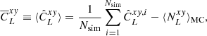 $$ \begin{aligned} \overline{C}_{L}^{x{ y}}\equiv \langle \hat{C}_{L}^{x{ y}}\rangle = \frac{1}{{N}_{\text{sim}}}\sum _{i=1}^{{N}_{\text{sim}}}\hat{C}_{L}^{x{ y},i} - \langle {N}_{L}^{x{ y}}\rangle _{\text{MC}}, \end{aligned} $$