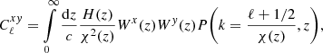$$ \begin{aligned} C_{\ell }^{x{ y}} = \int \limits _{0}^{\infty }\frac{\mathrm{d} z}{c}\frac{H(z)}{\chi ^{2}(z)}W^{x}(z)W^{{y}}(z)P\bigg (k=\frac{\ell +1/2}{\chi (z)},z\bigg ), \end{aligned} $$