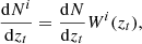 $$ \begin{aligned} \frac{\mathrm{d} N^{i}}{\mathrm{d} z_{t}} = \frac{\mathrm{d} N}{\mathrm{d} z_{t}}W^{i}(z_{t}), \end{aligned} $$