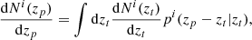 $$ \begin{aligned} \frac{\mathrm{d} N^{i}(z_{p})}{\mathrm{d} z_{p}} = \int \mathrm{d} z_{t}\frac{\mathrm{d} N^{i}(z_{t})}{\mathrm{d} z_{t}}p^{i}(z_{p}-z_{t}|z_{t}), \end{aligned} $$