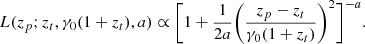 $$ \begin{aligned} L(z_{p};z_{t},\gamma _{0}(1+z_{t}),a) \propto \bigg [ 1+\frac{1}{2a}\bigg (\frac{z_{p}-z_{t}}{\gamma _{0}(1+z_{t})}\bigg )^{2} \bigg ]^{-a}. \end{aligned} $$