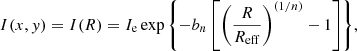 $$ \begin{aligned} I(x,{ y}) = I(R) = I_{\rm e} \exp {\left\{ -b_n \left[\left(\frac{R}{R_{\mathrm{eff} }}\right)^{(1/n)}-1\right]\right\} }, \end{aligned} $$