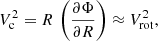 $$ \begin{aligned} V_{\mathrm{c} }^2 = R\, \left(\frac{\partial \Phi }{\partial R}\right) \approx V_{\mathrm{rot} }^{2}, \end{aligned} $$