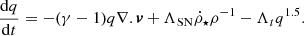 $$ \begin{aligned} \frac{\mathrm{d}q}{\mathrm{d}t} = - (\gamma - 1)q\nabla .\boldsymbol{v} + \Lambda _{\mathrm{SN}}{\dot{\rho }}_{\star }\rho ^{-1} - \Lambda _{t}q^{1.5}. \end{aligned} $$
