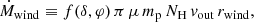 $$ \begin{aligned} \dot{M}_{\rm wind} \equiv f(\delta ,\varphi ) \, \pi \, \mu \, m_{\rm p} \, N_{\rm H} \, v_{\rm out} \, r_{\rm wind}, \end{aligned} $$