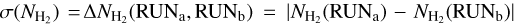 $\sigma \left( {{N_{{{\rm{H}}_2}}}} \right) = \Delta {N_{{{\rm{H}}_2}}}\left( {{\rm{RU}}{{\rm{N}}_{\rm{a}}},{\rm{RU}}{{\rm{N}}_{\rm{b}}}} \right) = \left| {{N_{{{\rm{H}}_2}}}\left( {{\rm{RU}}{{\rm{N}}_{\rm{a}}}} \right) - {N_{{{\rm{H}}_2}}}\left( {{\rm{RU}}{{\rm{N}}_{\rm{b}}}} \right)} \right|$