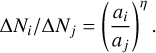 \Delta N_i/\Delta N_j= \left(\frac{a_i}{a_j}\right)^{\eta}$