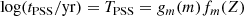 $$ \begin{aligned} \log (t_{\rm PSS} / \mathrm{yr}) = T_{\rm PSS} = g_m(m)f_m(Z) \end{aligned} $$