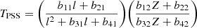 $$ \begin{aligned} T_{\rm PSS}=\biggl (\frac{b_{11}l+b_{21}}{l^2+ b_{31}l+b_{41}}\biggl )\biggl (\frac{b_{12}Z+b_{22}}{b_{32}Z+b_{42}}\biggl ) \end{aligned} $$