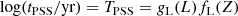 $$ \begin{aligned} \log (t_{\rm PSS} / \mathrm{yr}) = T_{\rm PSS} = g_{\rm L}(L)f_{\rm L}(Z) \end{aligned} $$