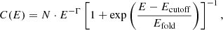 $$ \begin{aligned} C(E)=N \cdot E^{-\Gamma }\left[1+\exp \left(\frac{E-E_{\mathrm{cutoff}}}{E_{\mathrm{fold}}}\right)\right]^{-1}, \end{aligned} $$