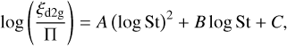 $\log \left( {{{{\xi _{{\rm{d}}2{\rm{g}}}}} \over \Pi }} \right) = A{(\log {\rm{St}})^2} + B\log {\rm{St}} + C,$