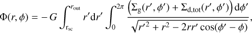 $\Phi (r,\phi ) = - G\int_{{{\rm{r}}_{{\rm{sc}}}}}^{{r_{{\rm{out}}}}} {{r^\prime }} {\rm{d}}{r^\prime }\int_0^{2\pi } {{{\left( {{\Sigma _{\rm{g}}}\left( {{r^\prime },{\phi ^\prime }} \right) + {\Sigma _{{\rm{d}},{\rm{tot}}}}\left( {{r^\prime },{\phi ^\prime }} \right)} \right){\rm{d}}{\phi ^\prime }} \over {\sqrt {{r^{\prime 2}} + {r^2} - 2r{r^\prime }\cos \left( {{\phi ^\prime } - \phi } \right)} }}} ,$