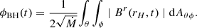 $$ \begin{aligned} \phi _\mathrm{BH} (t) = \frac{1}{2\sqrt{\dot{M}}} {\int _{\theta } \int _{\phi } \mid {B^{r}(r_{H},t)}\mid \mathrm{d}A_{\theta \phi }}. \end{aligned} $$