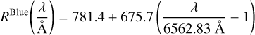 ${R^{{\rm{Blue}}}}\left( {{\lambda \over }} \right) = 781.4 + 675.7\left( {{\lambda \over {6562.83}} - 1} \right)$