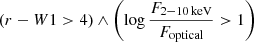 $ {\left (r - W1 > 4 \right) \land \left ( \log \frac{F_{2{-}10\,\mathrm{keV}}}{F_{\mathrm{optical}}} > 1 \right)} $