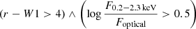 $ {\left (r - W1 > 4 \right) \land \left ( \log \frac{F_{0.2{-}2.3\, \mathrm{keV}}}{F_{\mathrm{optical}}} > 0.5 \right)} $