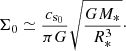 $$ \begin{aligned} \Sigma _0 \simeq \frac{c_{\rm s_{0} }}{\pi G}\sqrt{\frac{GM_*}{R_{*}^3}}\cdot \end{aligned} $$