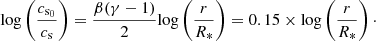 $$ \begin{aligned} {\log }\left(\frac{c_{\rm s_{0} }}{c_{\mathrm{s} }}\right) = \frac{\beta (\gamma -1)}{2} {\log }\left(\frac{r}{R_*}\right) = 0.15\times {\log }\left(\frac{r}{R_*}\right)\cdot \end{aligned} $$