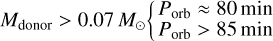 $\hbox{M_{\rm donor} > 0.07 \,M_{\odot}} \left\{\begin{array}{@{}l@{\quad}ll} P_{\rm orb} \approx 80$\,min & 1\\ P_{\rm orb} \approx 85$\,min & 0 \\end{array}\right.$