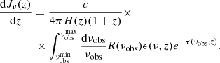 $$ \begin{aligned}&\frac{\mathrm{d}J_\nu (z)}{\mathrm{d}z}=\frac{c}{4\pi H(z)(1+z)}\times \nonumber \\&\qquad \qquad \times \int _{\nu _{\rm obs}^\mathrm{min}}^{\nu _{\rm obs}^\mathrm{max}}\frac{\mathrm{d}\nu _{\rm obs}}{\nu _{\rm obs}}R(\nu _{\rm obs})\epsilon (\nu ,z)e^{-\tau (\nu _{\rm obs},z)}. \end{aligned} $$