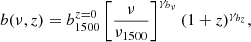 $$ \begin{aligned} b(\nu ,z) = b_{1500}^{z=0}\left[\frac{\nu }{\nu _{1500}}\right]^{\gamma _{b_\nu }}(1+z)^{\gamma _{b_z}}, \end{aligned} $$