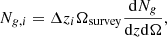 $$ \begin{aligned} N_{g,i} = \Delta z_i\Omega _{\rm survey}\frac{\mathrm{d}N_g}{\mathrm{d}z\mathrm{d}\Omega }, \end{aligned} $$