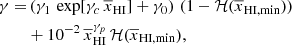 $$ \begin{aligned} \gamma =&\left(\gamma _1\,\exp [\gamma _c\,\overline{x}_{\rm HI}] + \gamma _0\right)\,(1-\mathcal{H} (\overline{x}_{\rm HI,min}))\nonumber \\&+ 10^{-2}\,\overline{x}_{\rm HI}^{\gamma _p}\, \mathcal{H} (\overline{x}_{\rm HI,min}), \end{aligned} $$
