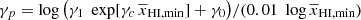$ \gamma_p=\log{\left(\gamma_1\; \exp[\gamma_c\,\overline{x}_{\mathrm{HI,min}}] + \gamma_0\right)}/(0.01\; \log{\overline{x}_{\mathrm{HI,min}}}) $