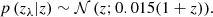 $$ \begin{aligned} p\left({z_{\lambda }}|z\right) \sim {\mathcal{N} \left({z};{0.015 (1+z)}\right)}. \end{aligned} $$