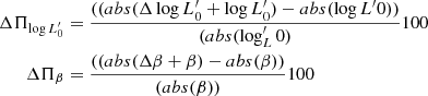 $$ \begin{aligned} \Delta \Pi _{\log L^\prime _0}&= \frac{((abs(\Delta \log L^\prime _0 + \log L^\prime _0)-abs(\log L^\prime 0))}{(abs(\log _L^\prime 0)}100 \nonumber \\ \Delta \Pi _{\beta }&= \frac{((abs({\Delta \beta } + \beta )-abs(\beta ))}{(abs(\beta ))}100 \end{aligned} $$