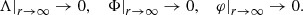 $$ \begin{aligned} \left.\Lambda \right|_{r\rightarrow \infty }\rightarrow 0,\quad \left.\Phi \right|_{r\rightarrow \infty }\rightarrow 0, \quad \left.\varphi \right|_{r\rightarrow \infty }\rightarrow 0. \end{aligned} $$