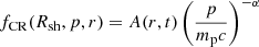 $ f_{\mathrm{CR}}(R_{\mathrm{sh}}, p, r) = A(r, t)\left(\frac{p}{m_{\mathrm{p}} c}\right)^{-\alpha} $