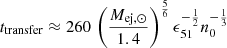 $ t_{\mathrm{transfer}} \approx 260\,\left(\frac{M_{\mathrm{ej,\odot}}}{1.4}\right)^{\frac{5}{6}} \epsilon_{51}^{-\frac{1}{2}} n_0^{-\frac{1}{3}} $