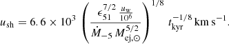 $$ \begin{aligned} u_{\rm sh} = 6.6 \times 10^3\,\left(\frac{\epsilon _{51}^{7/2}\, \frac{u_{\rm w}}{10^6}}{\dot{M}_{-5}\,M_{\rm ej,\odot }^{5/2}}\right)^{1/8}\,t_{\rm kyr}^{-1/8}\,\mathrm{km\,s^{-1}}. \end{aligned} $$