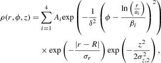$$ \begin{aligned} \rho (r,\phi ,z) =&\sum _{i=1}^4 A_i {\exp } \left(-\frac{1}{\delta ^2} \left(\phi -\frac{{\ln }\left(\frac{r}{a_i}\right)}{\beta _i}\right)^2\right)\nonumber \\&\times {\exp } \left(-\frac{|r-R|}{\sigma _r}\right) {\exp } \left(-\frac{z^2}{2\sigma _{z,2}^2}\right), \end{aligned} $$