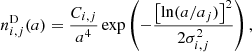 $$ \begin{aligned} n^\mathrm{D}_{i,j}(a)=\frac{C_{i,j}}{a^4}\exp \left( -\frac{ \left[ \ln (a/a_{j})\right]^2 }{2\sigma _{i,j}^2} \right), \end{aligned} $$
