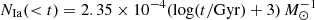 $ N_{\mathrm{Ia}}( < t)=2.35\times 10^{-4}(\log(t/\mathrm{Gyr})+3)\,M_{\odot}^{-1} $