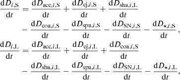 $$ \begin{aligned} \frac{\mathrm{d}D_{i,\mathrm{S}}}{\mathrm{d}t}&=\frac{\mathrm{d}D_{\mathrm{acc},i,\mathrm{S}}}{\mathrm{d}t}+\frac{\mathrm{d}D_{\mathrm{ej},i,\mathrm{S}}}{\mathrm{d}t}+\frac{\mathrm{d}D_{\mathrm{sha},i,\mathrm{L}}}{\mathrm{d}t}\nonumber \\&-\frac{\mathrm{d}D_{\mathrm{coa},i,\mathrm{S}}}{\mathrm{d}t}-\frac{\mathrm{d}D_{\mathrm{spu},i,\mathrm{S}}}{\mathrm{d}t}-\frac{\mathrm{d}D_{\mathrm{SN},i,\mathrm{S}}}{\mathrm{d}t}-\frac{\mathrm{d}D_{\mathrm{\star },i,\mathrm{S}}}{\mathrm{d}t}\, ,\\ \frac{\mathrm{d}D_{i,\mathrm{L}}}{\mathrm{d}t}&=\frac{\mathrm{d}D_{\mathrm{acc},i,\mathrm{L}}}{\mathrm{d}t}+\frac{\mathrm{d}D_{\mathrm{ej},i,\mathrm{L}}}{\mathrm{d}t}+\frac{\mathrm{d}D_{\mathrm{coa},i,\mathrm{S}}}{\mathrm{d}t}\nonumber \\&-\frac{\mathrm{d}D_{\mathrm{sha},i,\mathrm{L}}}{\mathrm{d}t}-\frac{\mathrm{d}D_{\mathrm{spu},i,\mathrm{L}}}{\mathrm{d}t}-\frac{\mathrm{d}D_{\mathrm{SN},i,\mathrm{L}}}{\mathrm{d}t}-\frac{\mathrm{d}D_{\mathrm{\star },i,\mathrm{L}}}{\mathrm{d}t} , \end{aligned} $$