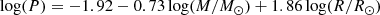 $$ \begin{aligned} \log (P) = -1.92 -0.73\log (M/M_{\odot }) + 1.86\log (R/R_{\odot }) \end{aligned} $$