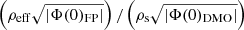 $ \left(\rho_{\mathrm{eff}}\sqrt{\left|\Phi(0)_{\mathrm{FP}}\right|}\right)/\left(\rho_{\mathrm{s}}\sqrt{\left|\Phi(0)_{\mathrm{DMO}}\right|}\right) $