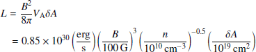 $$ \begin{aligned}&L =\frac{ B^2}{8\pi } V_{\rm A} \delta A \nonumber \\&\ \ \ = 0.85 \times 10^{30} \left( \frac {\mathrm{erg}}\mathrm{s} \right) \left( \frac{B}{100\,\mathrm{G}} \right)^3 \left( \frac{n}{10^{10}\,\mathrm{cm}^{-3}}\right) ^{-0.5} \left( \frac{\delta A}{10^{19}\,\mathrm{cm}^2} \right) \end{aligned} $$